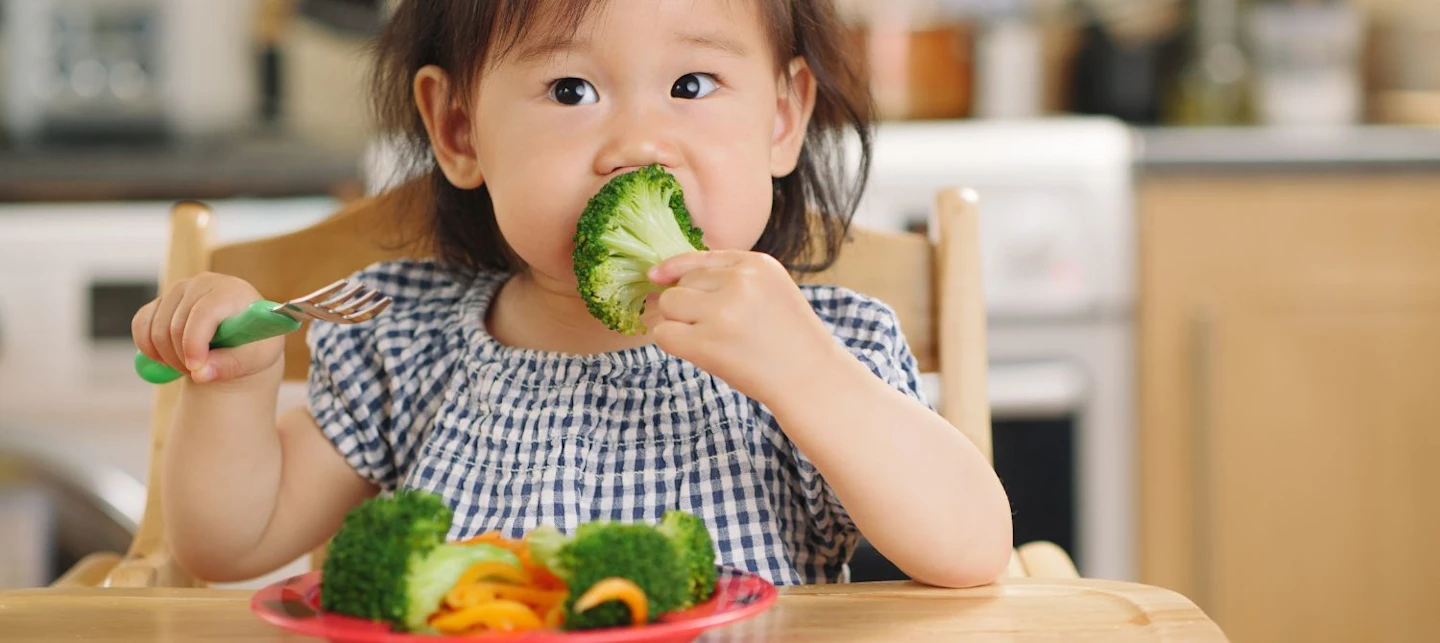 A baby eating broccoli. | Huckleberry