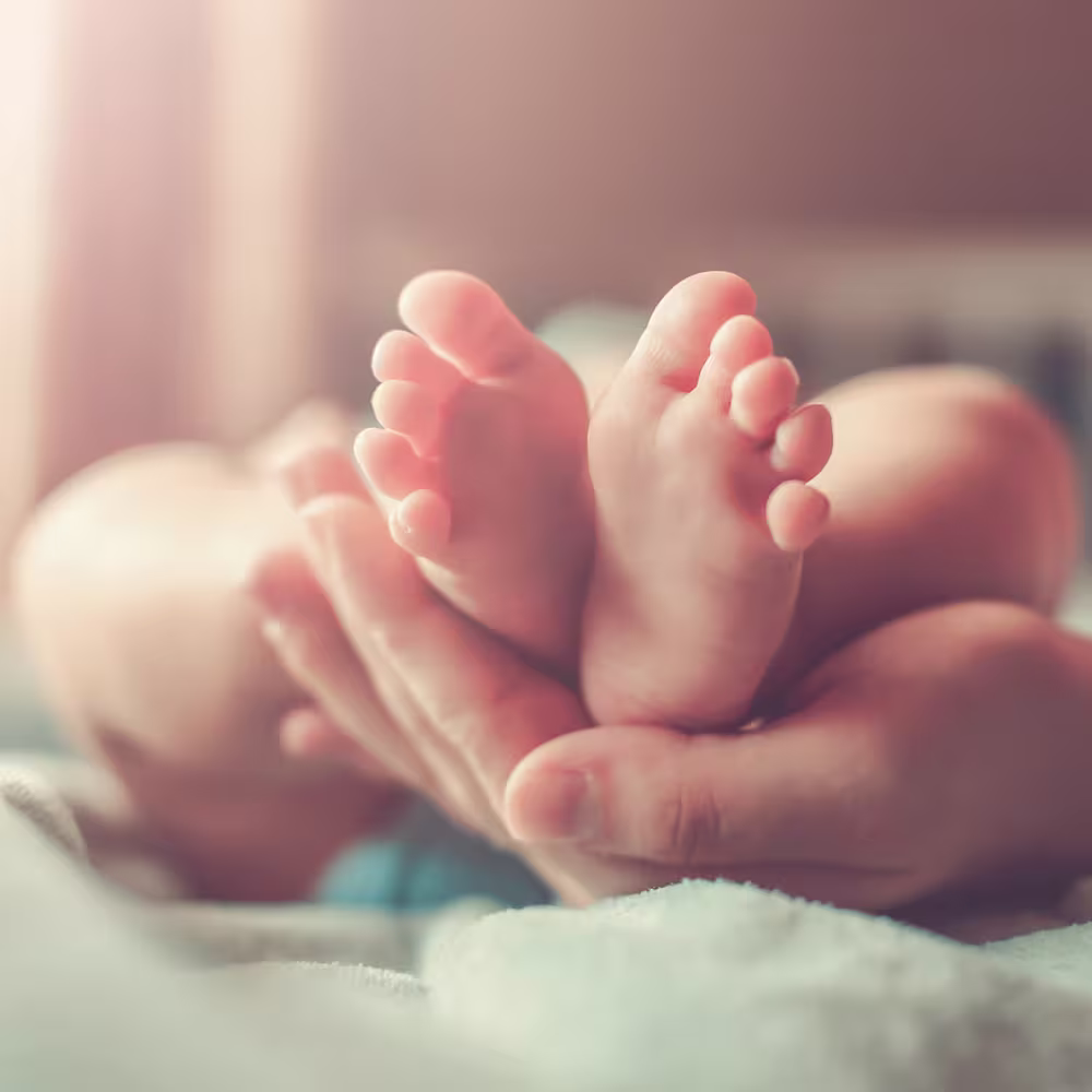Adult hands holding baby feet in crib