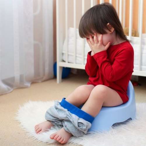 Toddler on potty covering face