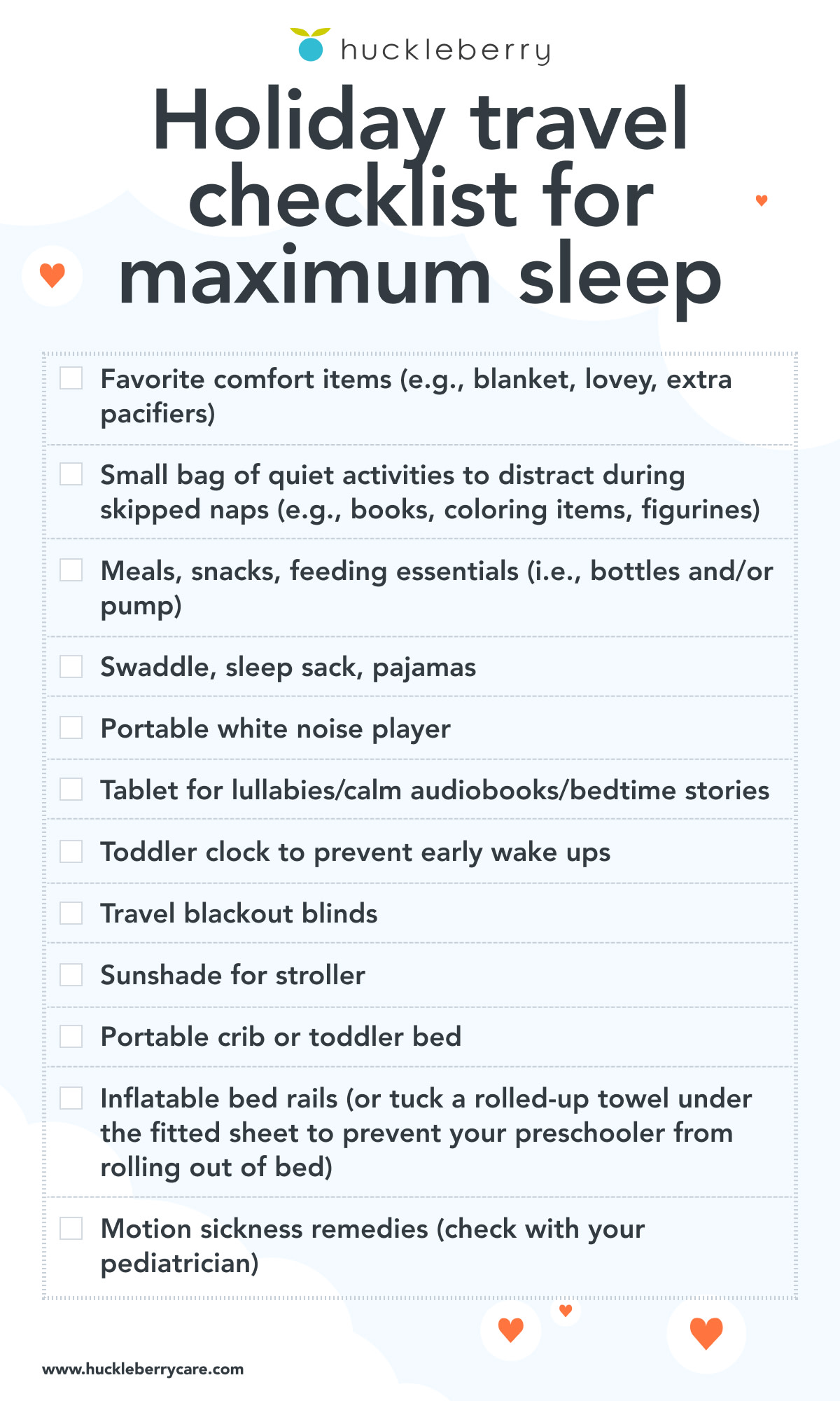 A graphic of the holiday travel checklist for maximum sleep.