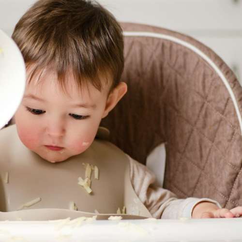 A child throwing food in their high chair. 