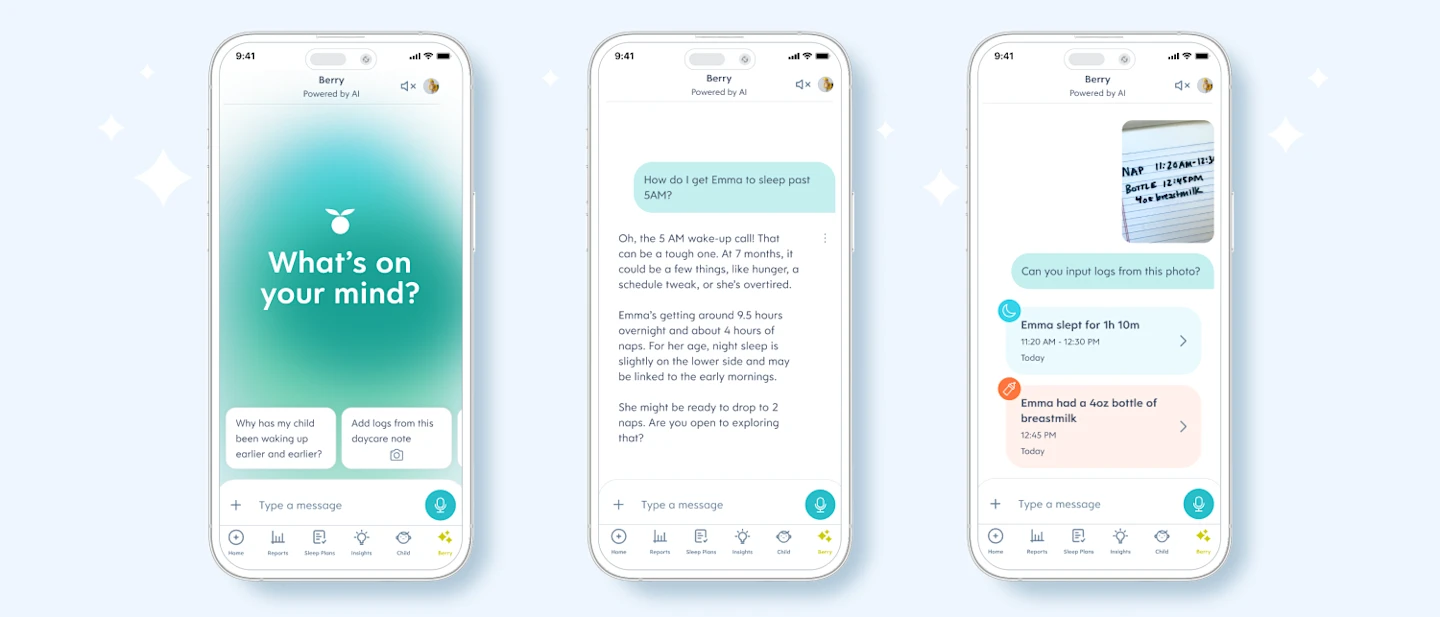 Examples of how Huckleberry's expert-vetted AI chat Berry can help parents get guidance and baby tracking | Huckleberry