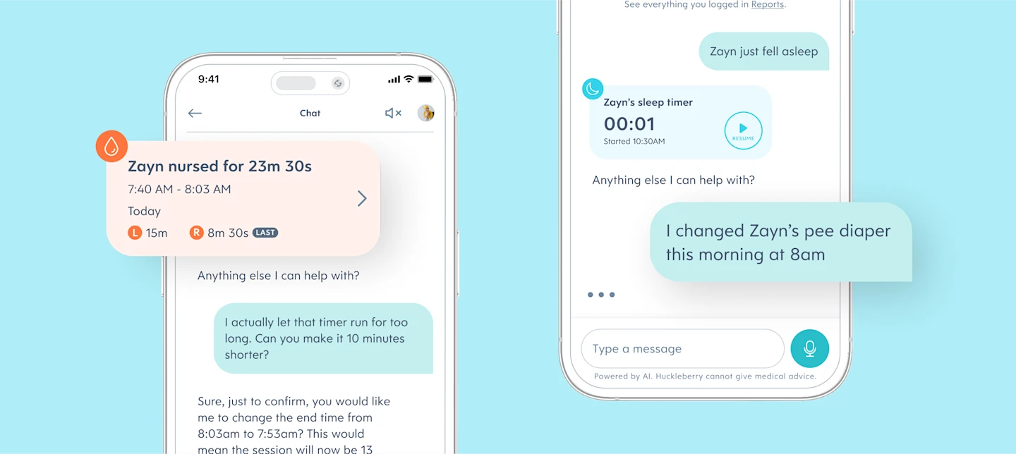 Huckleberry AI chat header article image, a text log showing when a baby last ate and starting a sleep timer | Huckleberry