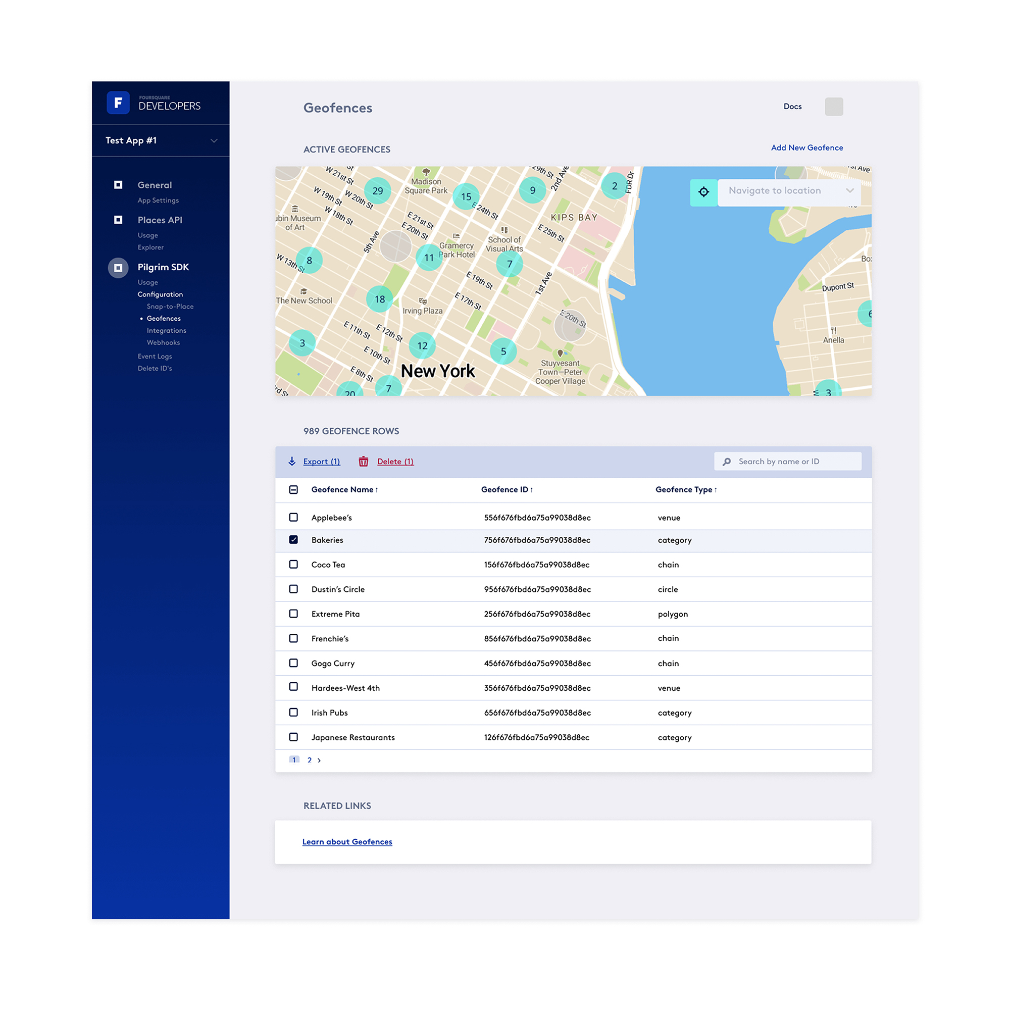 What the geofence dashboard looks like when the user tries to export or delete just one geofence.