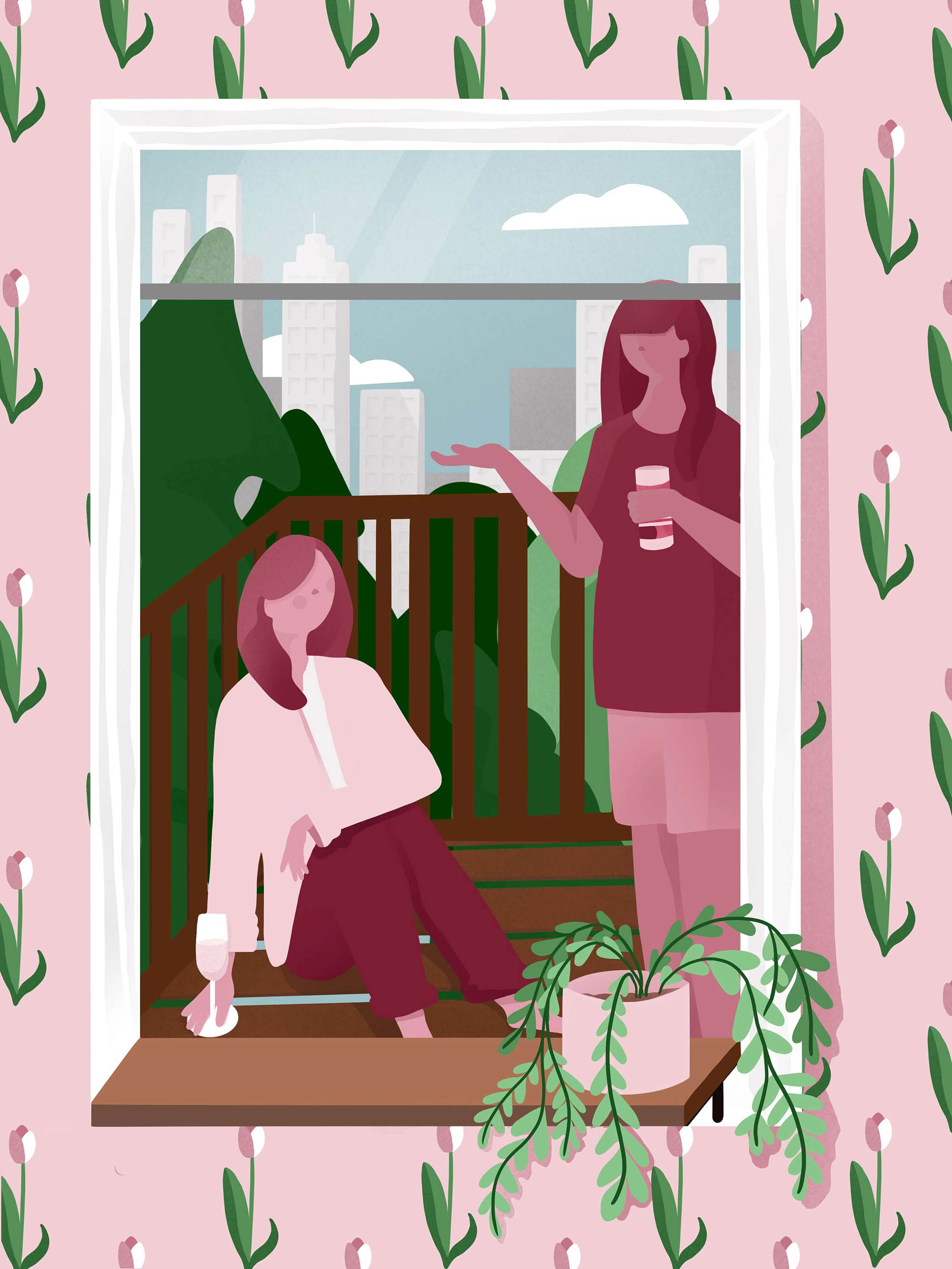 an illustration of two people drinking wine on a balcony, seen through the window from the inside