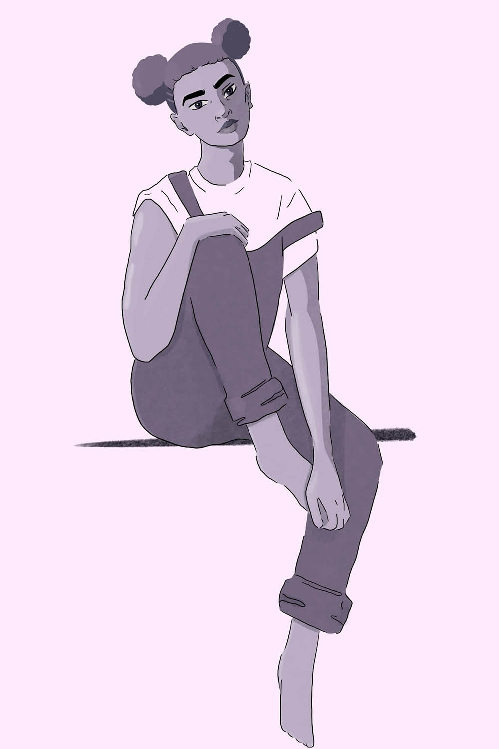 an illustration of a purple girl sitting with one leg up