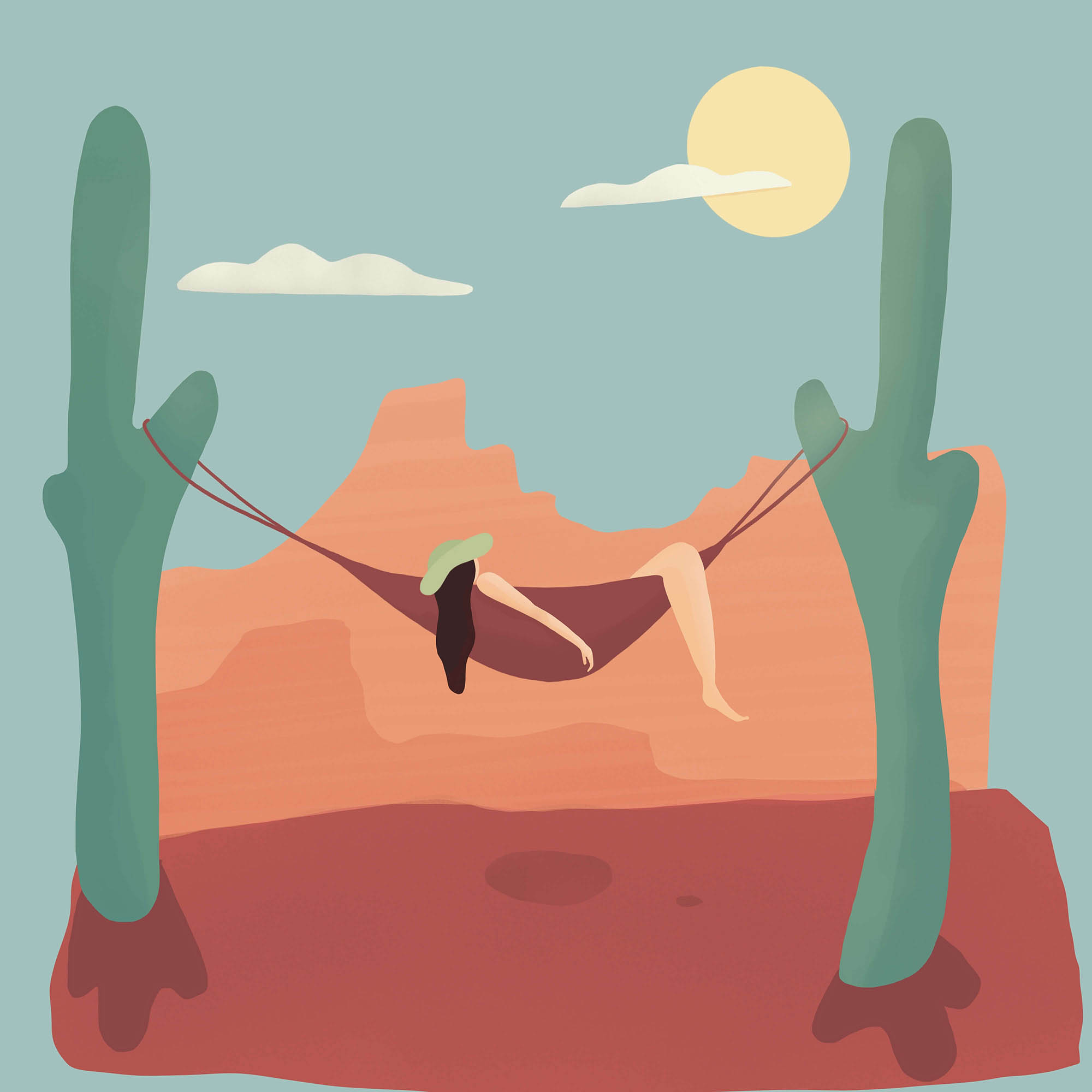 an illustration of a person in a hammock between two cacti