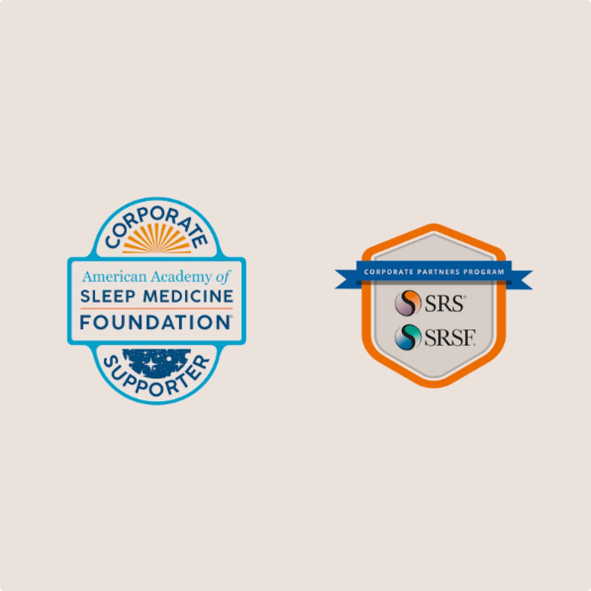 Badges for American Academy of Sleep Medicine Foundation Corporate Supporter and SRS & SRSF Corporate Partners Program