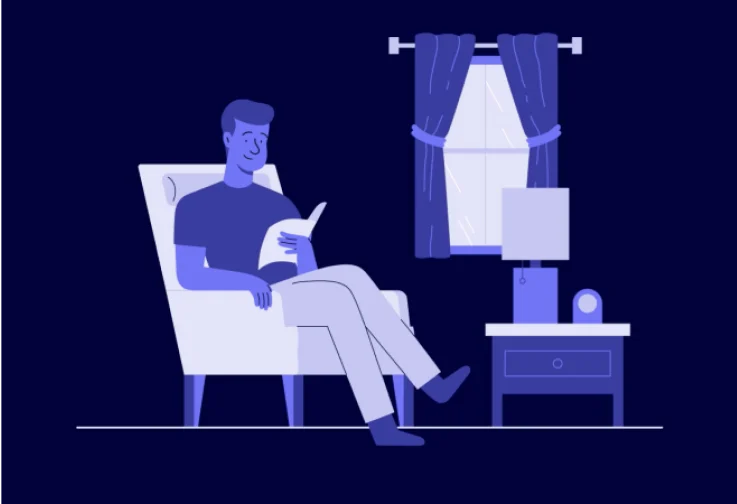 The image shows a stylized depiction of a man sitting comfortably in an armchair, reading a book.
