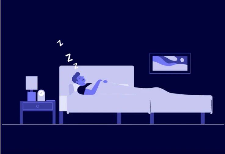 The image illustrates a person sleeping soundly in bed, as indicated by the "zzz" above their head.