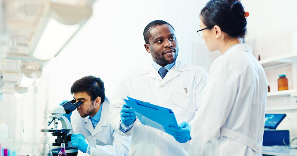 A female and two male scientists analysing test results in a laboratory with one looking through a microscope and the other two in discussion about the contents of a report that the male scientist is holding