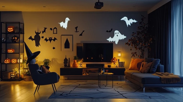 Wohnzimmer geschmückt mit Halloween-Deko und projizierten Fledermäusen und Geistern an der Wand