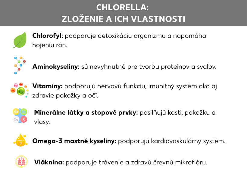Infografika: Chlorella: zložky a ich vlastnosti, zoznam: Chlorofyl: podporuje detoxikáciu tela a prispieva k lepšiemu hojeniu rán. Aminokyseliny: esenciálne zložky na tvorbu bielkovín a budovanie svalov. Vitamíny: podporujú funkciu nervového systému, imunitný systém, ako aj zdravie pokožky a očí. Minerálne látky a stopové prvky: posilňujú kosti, pokožku a vlasy. Omega 3 mastné kyseliny: podporujú srdcovo-cievny systém. Vláknina: podporuje trávenie a zdravie črevnej mikroflóry.