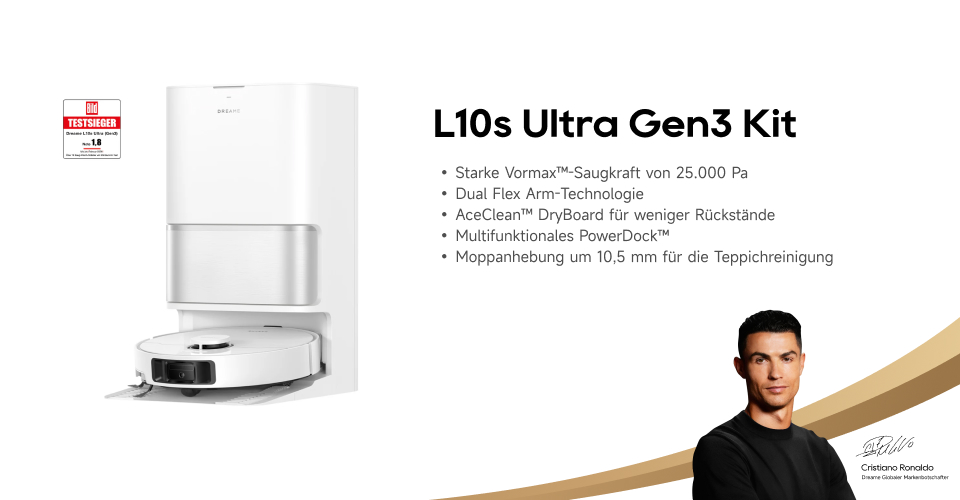 Werbung: Testsieger-Saugroboter L10s Ultra Gen3 Kit mit C. Ronaldo. Bietet 25.000 Pa, Dual Flex Arm & 10,5 mm Moppanhebung.