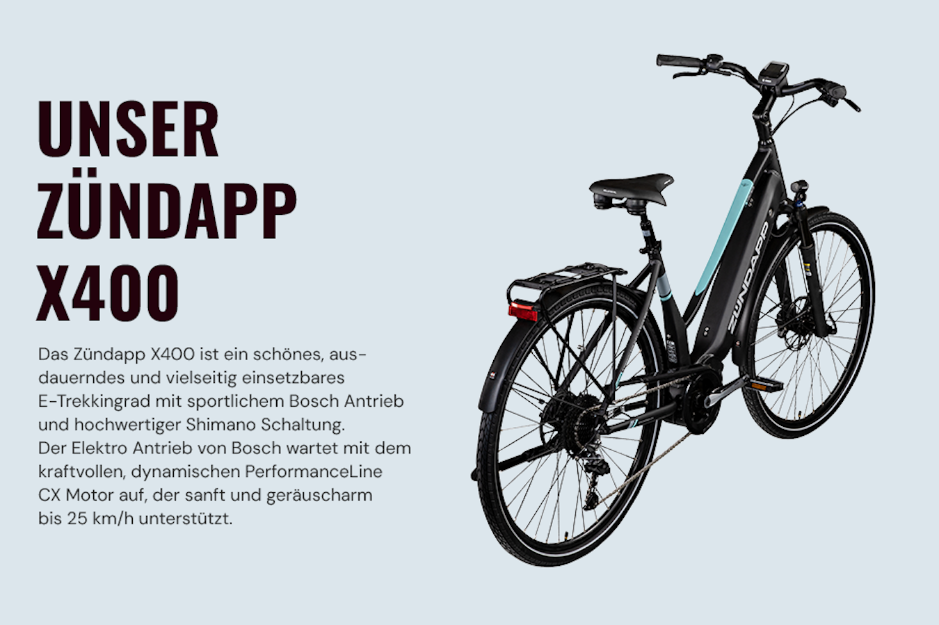 Werbung: Das schwarze E-Trekkingrad Zündapp X400 mit Bosch PerformanceLine CX Motor und Shimano Schaltung.
