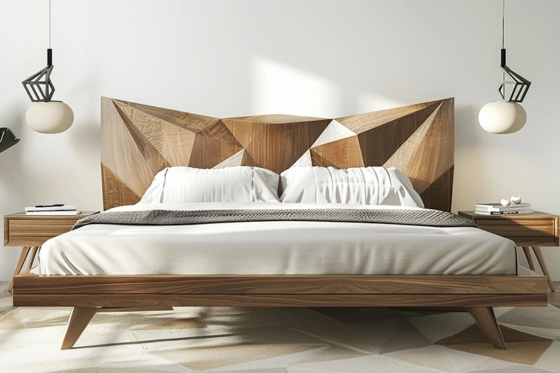 Bett mit Holzrahmen und Standbeinen in Schlafzimmer