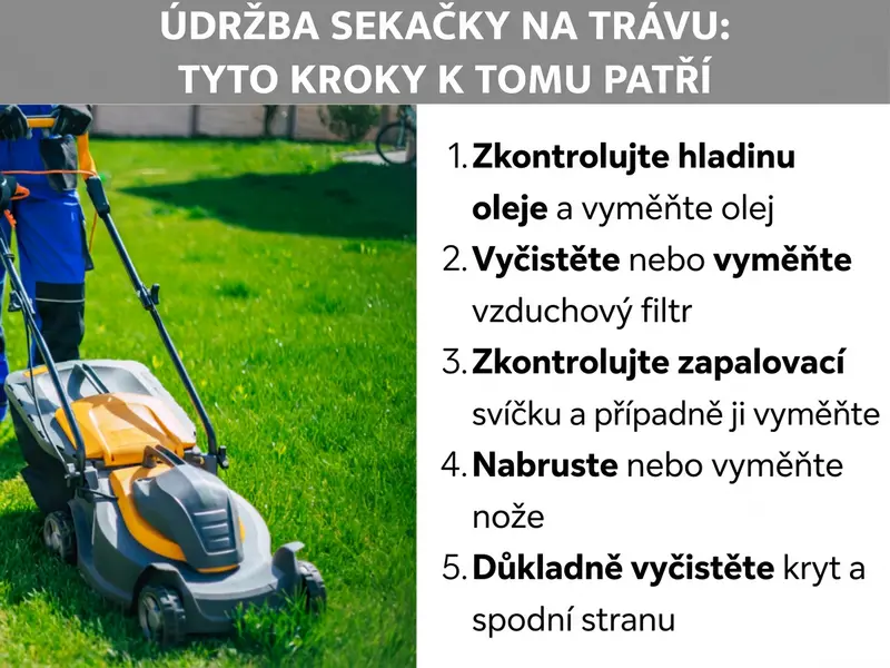 Infografika s pěti kroky údržby sekačky: kontrola oleje, vzduchového filtru, zapalovací svíčky, nože a čištění krytu.