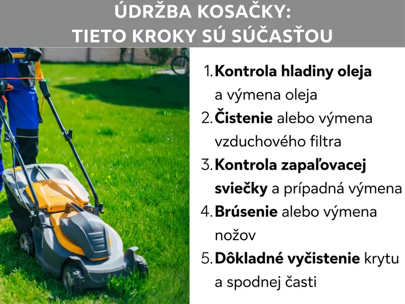 Infografika: Údržba kosačky – aké kroky zahŕňa. Vľavo je muž, ktorý tlačí žlto-sivú kosačku po zelenom trávniku. Vpravo je číslovaný zoznam piatich krokov: 1. Skontrolovať hladinu oleja a vymeniť olej. 2. Vyčistiť alebo vymeniť vzduchový filter. 3. Skontrolovať zapaľovaciu sviečku a prípadne ju vymeniť. 4. Naostriť alebo vymeniť nôž. 5. Dôkladne vyčistiť kryt a spodnú stranu kosačky.