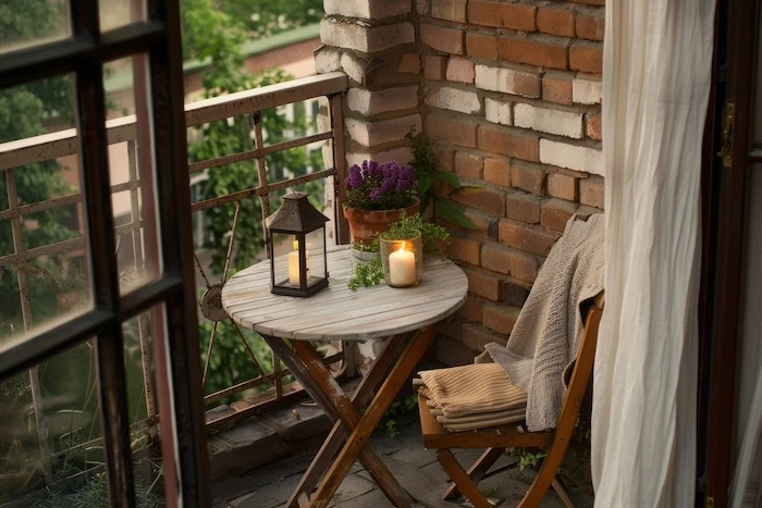 Schmuckbild: Ein kleiner Balkon mit Backsteinwand, darauf ein klappbarer Tisch und ein klappbarer Stuhl, Kerzen, Decken und ein kleinere Blumentopf.