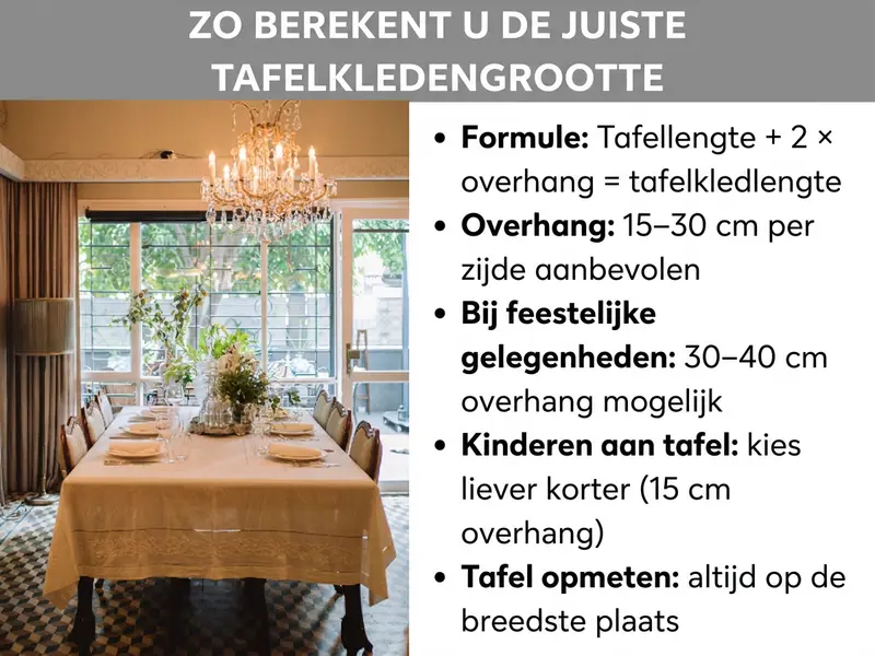 Infographic: Zo bereken je de juiste tafelkleedmaat. De lijst bevat vijf punten: 1. Formule: tafellengte + 2 × overhang = tafelkleedlengte. 2. Overhang: 15-30 cm per zijde aanbevolen. 3. Bij feestelijke gelegenheden: 30-40 cm overhang mogelijk. 4. Kinderen aan tafel: kies liever korter (15 cm overhang). 5. Tafel opmeten: altijd op het breedste punt. Links ernaast een foto van een gedekte eettafel met wit tafelkleed in een elegante eetkamer.