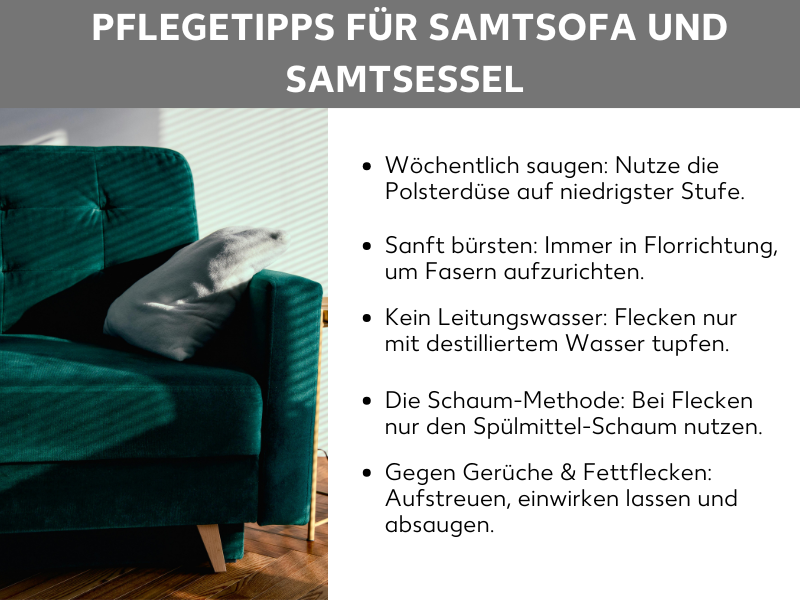 Infografik: Pflegetipps für Samtsofa und Samtsessel: Die Grafik zeigt im linken Bereich ein stilvolles, dunkelgrünes Samtsofa in einem lichtdurchfluteten Raum. Im rechten Bereich ist eine Liste mit vier zentralen Pflegetipps aufgeführt: 1. Wöchentlich saugen: Nutze die Polsterdüse auf niedrigster Stufe. 2. Sanft bürsten: Immer in Florrichtung arbeiten, um Fasern aufzurichten. 3. Kein Leitungswasser: Flecken nur mit destilliertem Wasser tupfen. 4. Die Schaum-Methode: Nur den trockenen Schaum eines Reinigungsmittels verwenden, um den Stoff nicht zu durchnässen.