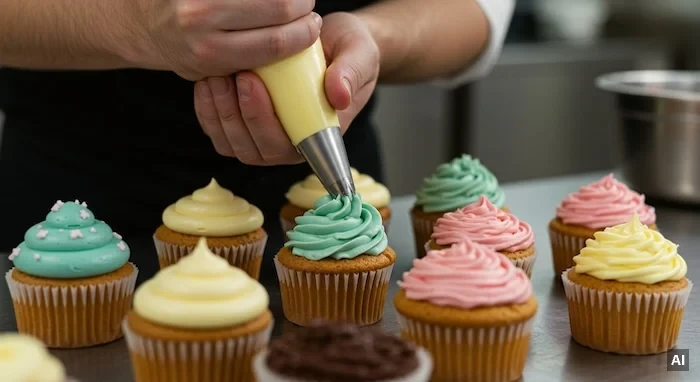 Person hält Spritzbeutel in der Hand und verteilt bunte Creme auf Muffins. (Mit KI generiert)