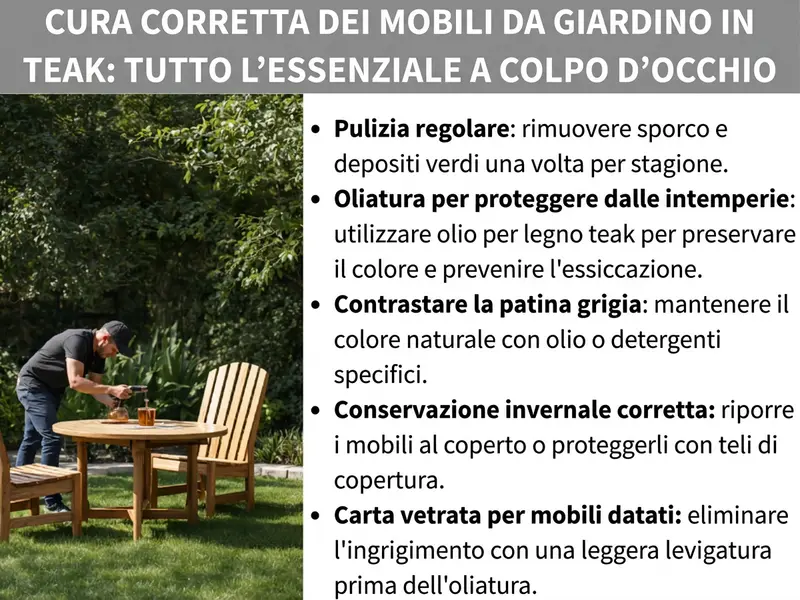 Infografica sul tema "Cura dei mobili da giardino in teak" con la foto di un uomo che tratta un tavolo da giardino in teak e cinque consigli per la cura: pulire regolarmente, proteggere con olio per teak, contrastare la patina grigia, preparare correttamente all’inverno e carteggiare leggermente i mobili più vecchi prima dell’oliatura.