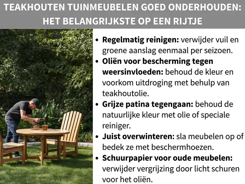 Infographic met vijf tips voor het onderhouden van teakhouten tuinmeubelen.