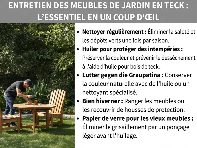 Infographie sur l'entretien des meubles de jardin en teck : photo d'un homme traitant une table de jardin en teck, accompagnée de cinq conseils d'entretien : nettoyer régulièrement, protéger avec de l'huile pour teck, prévenir la patine grise, bien hiverner et poncer légèrement les meubles anciens avant de les huiler.