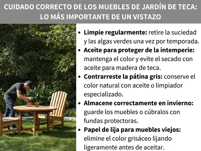 Infografía sobre el tema «Cuidado de muebles de teca de jardín» con una foto de un hombre tratando una mesa de teca y cinco consejos de mantenimiento: limpiar regularmente, proteger con aceite de teca, combatir la pátina gris, guardar correctamente en invierno y lijar ligeramente los muebles antiguos antes de aceitarlos.