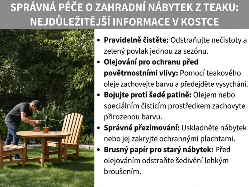 Infografika na téma „Správná péče o teakový zahradní nábytek" s fotografií muže ošetřujícího teakový zahradní stůl a pěti tipy na péči: pravidelné čištění, ochrana teakovým olejem, prevence šedé patiny, správné zazimování a lehké přebroušení starého nábytku před olejováním.