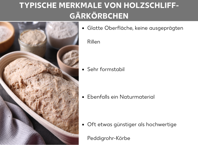Infografik Typische Merkmale von Holzschliff-Gärkörbchen mit den Listenpunkten: Glatte Oberfläche, keine ausgeprägten Rillen, Sehr formstabil, Ebenfalls ein Naturmaterial, Oft etwas günstiger als hochwertige Peddigrohr-Körbe