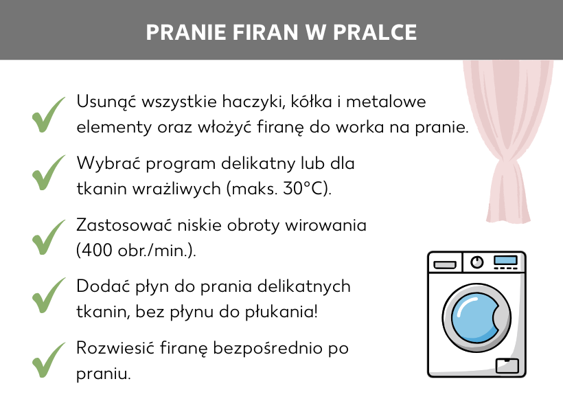 Infografika: Pranie firanek w pralce. Pralka i firanka. Ponadto należy pamiętać o następujących kwestiach: Usuń wszystkie haczyki, pierścienie i metalowe elementy, a firankę umieść w siatce do prania. Wybierz program do prania delikatnego w temperaturze maksymalnie 30°C. Ustaw niską prędkość wirowania, maksymalnie 400 obrotów na minutę. Dodaj detergent do prania delikatnego, bez płynu do płukania. Powieś firankę bezpośrednio po wypraniu.