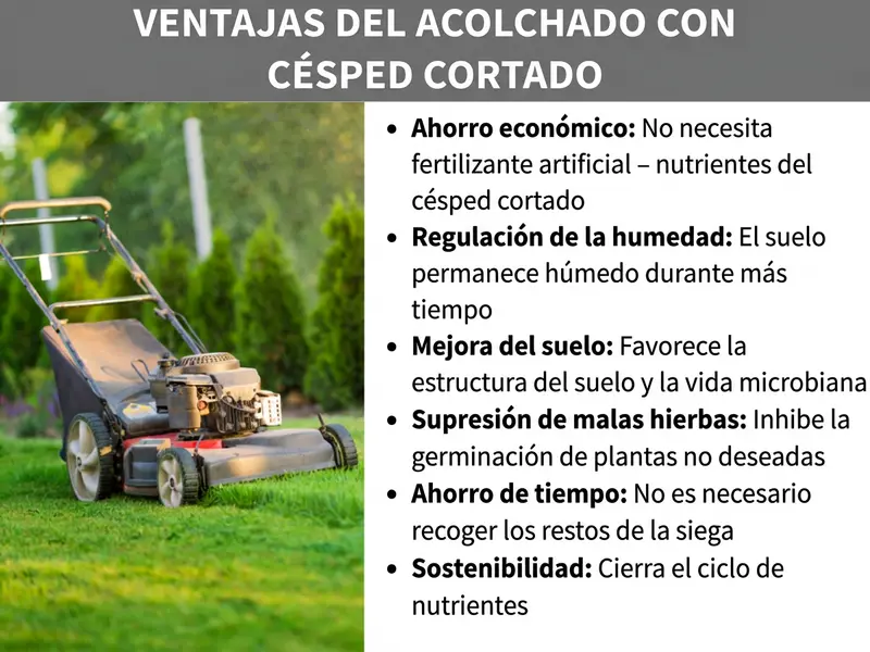 Infografía: ventajas del mulching de césped. Seis ventajas: 1. Ahorro económico: no necesitas abono químico; los nutrientes provienen de la siega. 2. Regulación de la humedad: el suelo se mantiene húmedo durante más tiempo. 3. Mejora del suelo: favorece la estructura y la vida del suelo. 4. Supresión de malas hierbas: dificulta la germinación de malas hierbas. 5. Ahorro de tiempo: no es necesario recoger los restos de siega. 6. Sostenibilidad: cierra el ciclo natural de nutrientes.