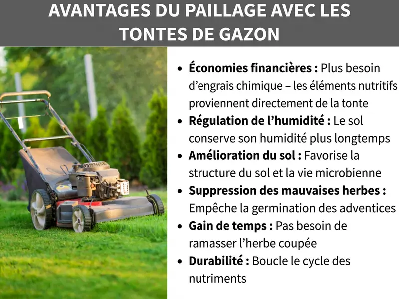 Infographie : avantages du paillage avec la tonte de gazon. Six atouts : 1. Économies : pas besoin d'engrais chimique, les nutriments proviennent de la tonte. 2. Régulation de l'humidité : le sol reste humide plus longtemps. 3. Amélioration du sol : favorise la structure et la vie du sol. 4. Lutte contre les mauvaises herbes : freine leur germination. 5. Gain de temps : pas besoin de ramasser l'herbe coupée. 6. Durabilité : boucle le cycle des nutriments.