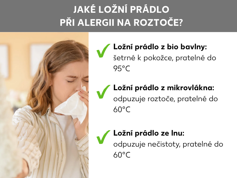 Informační grafika: Jaké povlečení zvolit, pokud máte alergii na prach? Žena, která si při utírání prachu utírá nos kapesníkem, vedle následující body se zelenými zatržítky: Povlečení z biobavlny: šetrné k pokožce, lze prát až na 95 stupňů Celsia, Povlečení z mikrovlákna: odpuzuje roztoče, lze prát až na 60 stupňů, Povlečení ze lnu: odpuzuje nečistoty, lze prát až na 60 stupňů.