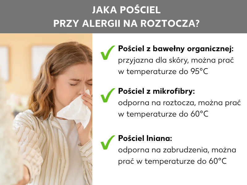 Infografika: Jaka pościel dla osób z alergią na roztocza kurzu domowego? Kobieta, która podczas odkurzania wyciera nos chusteczką, obok niej następujące punkty opatrzone zielonymi haczykami: Pościel z bawełny organicznej: przyjazna dla skóry, można prać w temperaturze do 95 stopni Celsjusza, Pościel z mikrofibry: przeciwdziałająca rozwojowi roztoczy, można prać w temperaturze do 60 stopni, Pościel z lnu: odporna na zabrudzenia, można prać w temperaturze do 60 stopni.