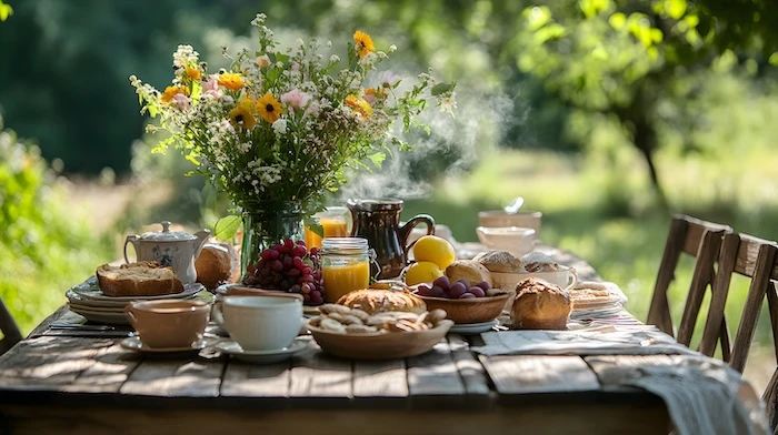 Schmuckbild: Ein Holztisch im Garten, gedeckt zum Frühstück mit Marmeladen, Gebäck, Obst und einem frischen Blumenstrauß.