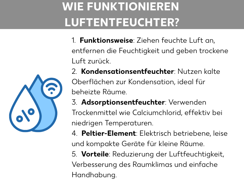 Infografik: Wie funktionieren Luftentfeuchter? 1.  Funktionsweise: Ziehen feuchte Luft an, entfernen die Feuchtigkeit und geben trockene Luft zurück. 2.  Kondensationsentfeuchter: Nutzen kalte Oberflächen zur Kondensation, ideal für beheizte Räume. 3.  Adsorptionsentfeuchter: Verwenden Trockenmittel wie Calciumchlorid, effektiv bei niedrigen Temperaturen. 4.  Peltier-Element: Elektrisch betriebene, leise und kompakte Geräte für kleine Räume. 5.  Vorteile: Reduzierung der Luftfeuchtigkeit, Verbesserung des Raumklimas und einfache Handhabung.