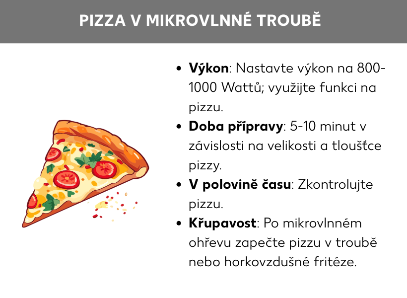 Informační grafika Pizza v mikrovlnce: Výkon: nastavení 800–1 000 wattů nebo funkce pizza. Doba přípravy: 5–10 minut podle toho, jak se pizza velká a silná. Po uplynutí poloviny doby zkontrolovat. Křupavost: po přípravě v mikrovlnce dopéct v troubě nebo horkovzdušné fritéze.