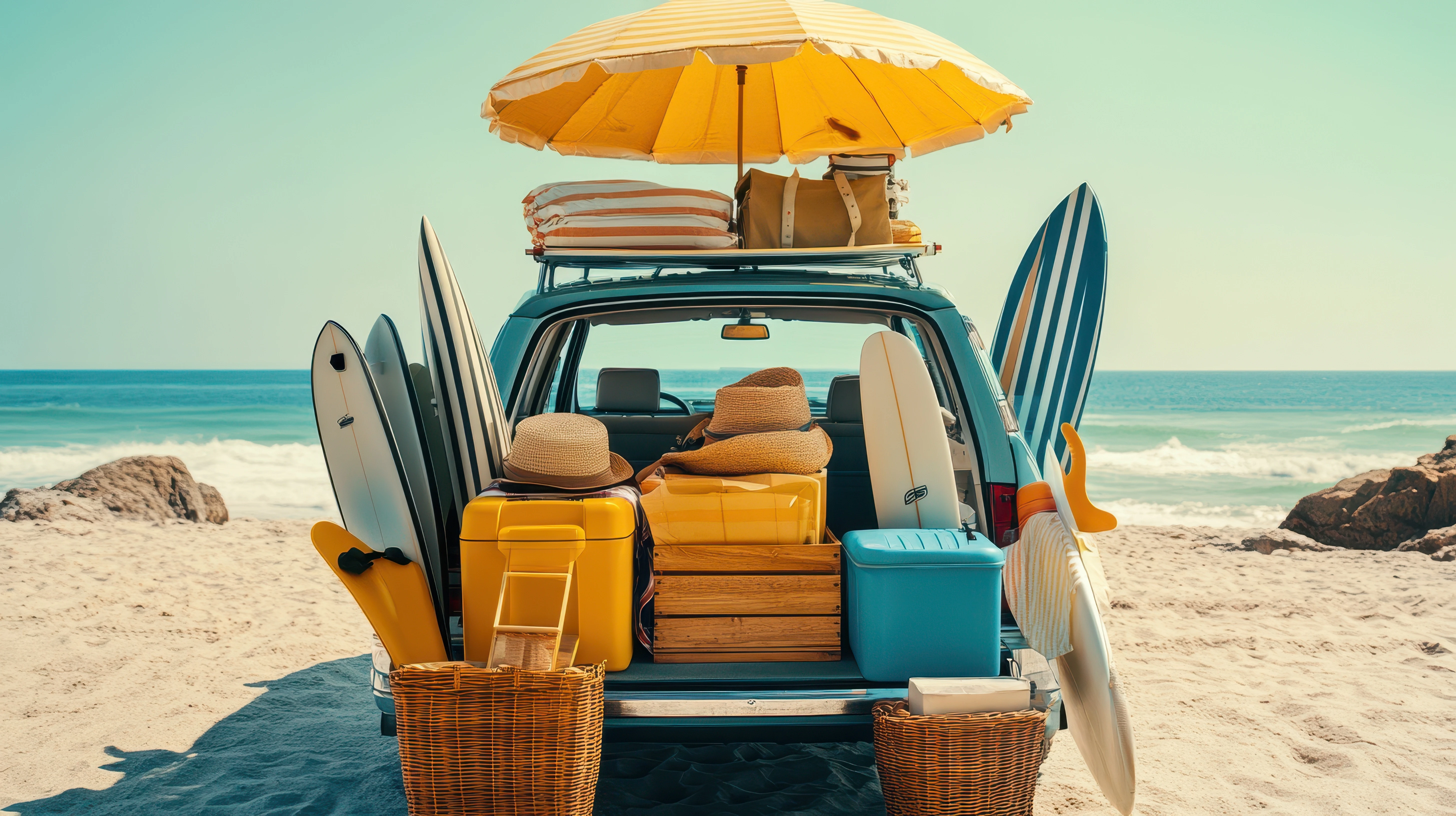 Vollgepacktes Auto mit Surfbrettern, Sonnenschirm, Kühlboxen etc. vor Strandkulisse