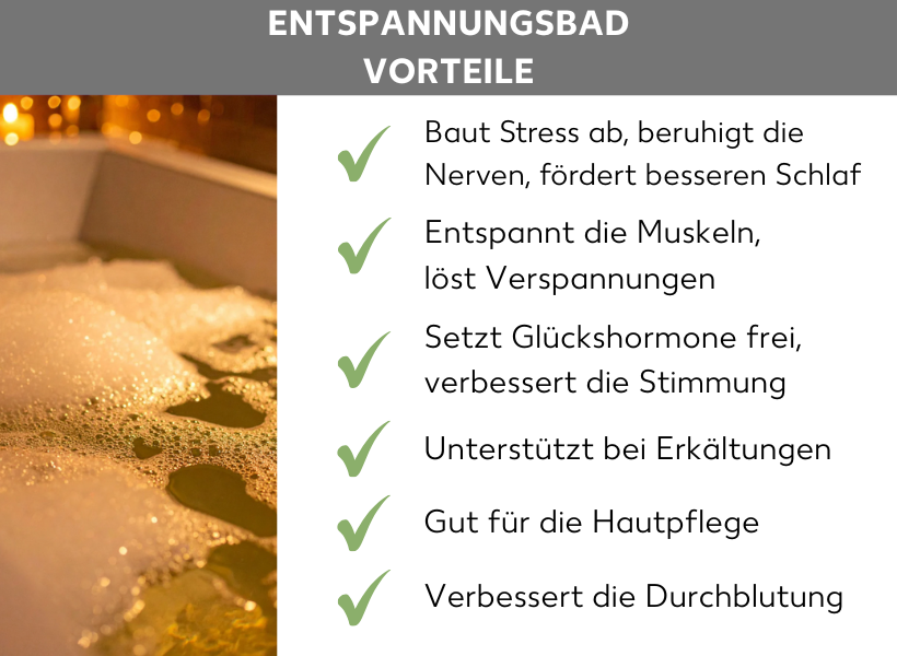 Infografik: Entspannungsbad Vorteile. Eine Badewanne mit Schaum und Kerzen im Hintergrund. Daneben folgende Punkte: Baut Stress ab, beruhigt die Nerven, fördert besseren Schlaf. Entspannt die Muskeln, löst Verspannungen. Setzt Glückshormone frei, verbessert die Stimmung. Unterstützt bei Erkältungen. Gut für die Hautpflege. Verbessert die Durchblutung.