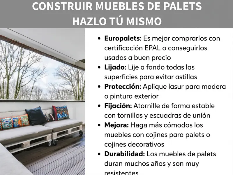 Infografía «Hacer muebles de palets»: a la izquierda, una foto de un sofá de palets con cojines de colores en una terraza. A la derecha, seis consejos resumidos: comprar europalets con certificación EPAL, lijar todas las superficies, aplicar lasur para madera, fijar con tornillos y escuadras de unión, durabilidad de los muebles y realzarlos con cojines para palets o cojines decorativos.