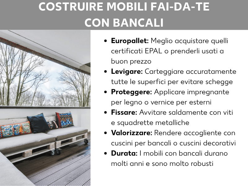 Infografica „Mobili in pallet fai da te“: a sinistra la foto di un divano in pallet con cuscini colorati su un terrazzo; a destra sei consigli in sintesi: acquistare europallet certificati EPAL, carteggiare tutte le superfici, applicare l'impregnante per legno, fissare con viti e squadrette angolari, garantire la durata dei mobili, completare con cuscini per pallet o cuscini decorativi.
