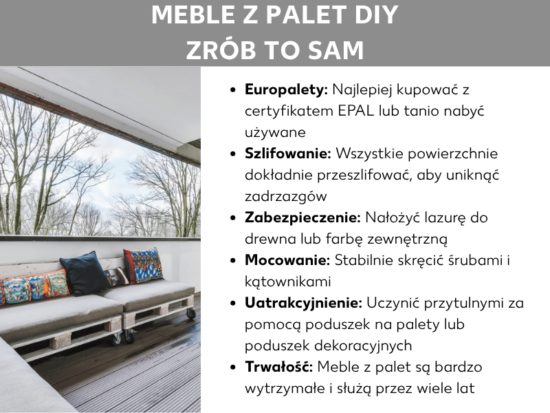 Infografika „Meble z palet zrób to sam": po lewej zdjęcie samodzielnie zbudowanej sofy z palet z kolorowymi poduszkami na tarasie. Po prawej sześć wskazówek w punktach: kup europalety z certyfikatem EPAL, przeszlifuj wszystkie powierzchnie, nałóż lazurę do drewna, połącz wkrętami i łącznikami kątowymi, trwałość mebli oraz wykończenie poduszkami na palety lub poduszkami dekoracyjnymi.