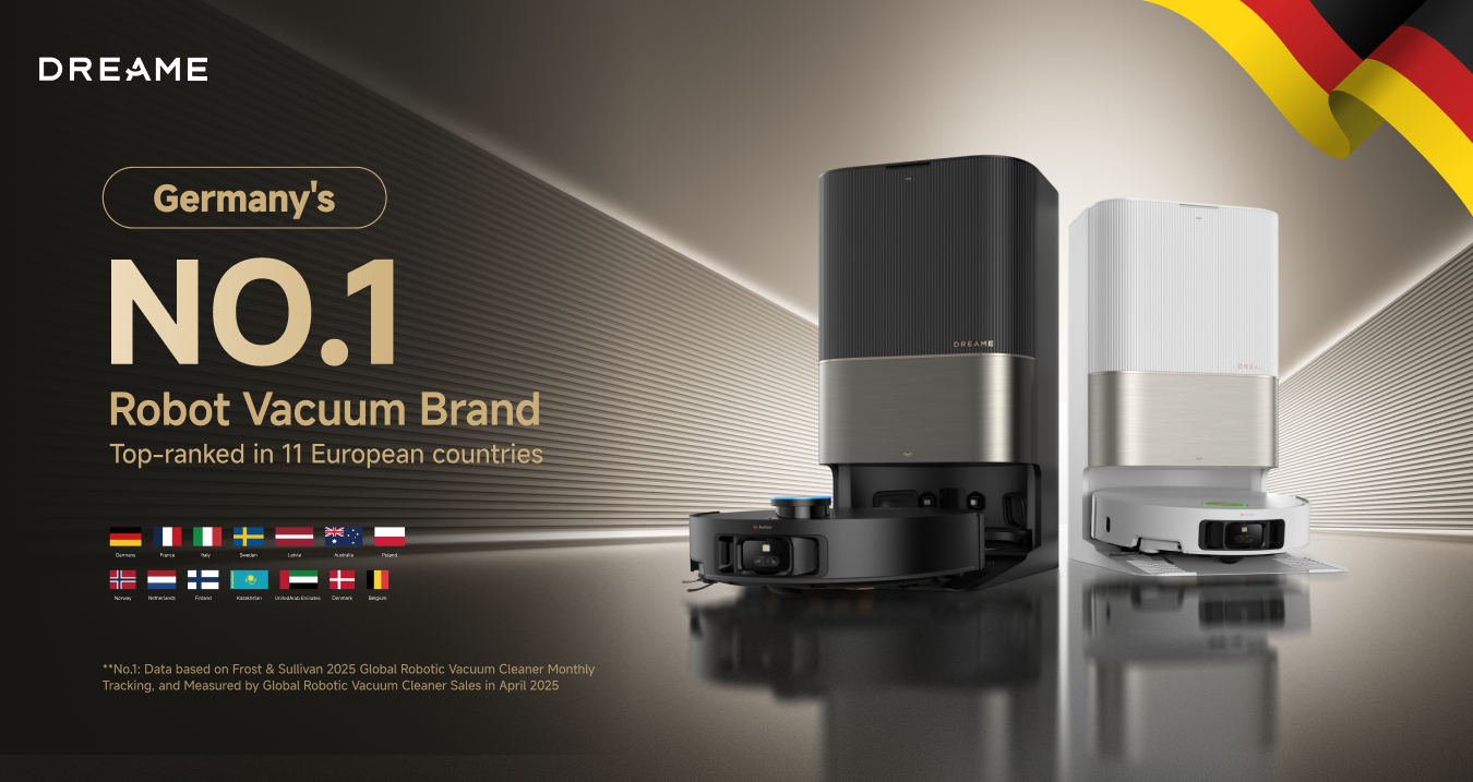 Werbung: Dreame ist Germany's NO.1 Robot Vacuum Brand. Zeigt zwei Saugroboter mit Station sowie eine Deutschlandflagge.