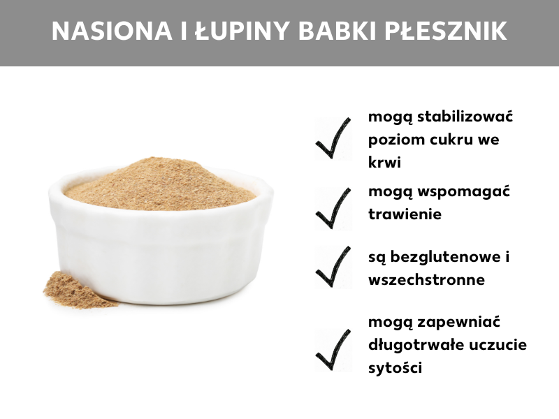 Infografika: Infografika o nasionach i łupinach babki płesznik. Łupiny nasion w białej ceramicznej miseczce, obok wypunktowana lista: mogą stabilizować poziom cukru we krwi, mogą wspierać trawienie, są bezglutenowe i uniwersalne, mogą dawać długotrwałe uczucie sytości.