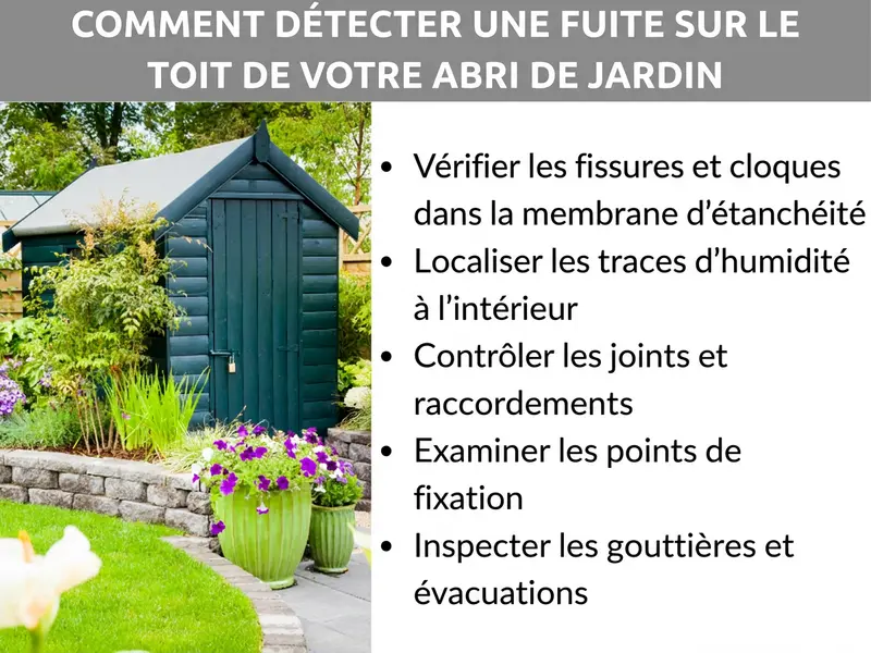 Infographie : Comment repérer un toit d'abri de jardin qui fuit. À gauche, une photo d'un abri de jardin en bois vert foncé avec un toit à deux pans, entouré de fleurs et de plantes vertes. À droite, une liste de cinq points : 1. Vérifier les fissures et les cloques dans le revêtement de toiture. 2. Localiser les traces d'eau à l'intérieur. 3. Contrôler les joints et les raccords. 4. Inspecter les points de fixation. 5. Examiner les gouttières et les évacuations. Titre en caractères blancs sur une bande grise en haut de l'image.