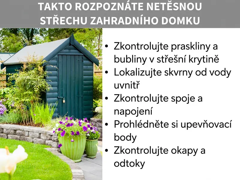 Infografika shrnující, jak poznat netěsnou střechu zahradního domku: kontrola trhlin, vodních skvrn, spojů, upevnění a okapů.