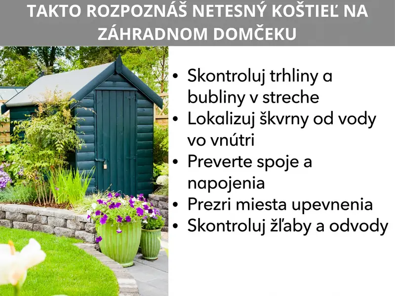 Infografika: Ako rozpoznáte netesnú strechu záhradného domčeka. Vľavo fotografia tmavozeleného dreveného záhradného domčeka so sedlovou strechou, obklopeného kvetmi a zeleňou. Vpravo zoznam s piatimi bodmi: 1. Skontrolujte trhliny a bubliny na strešnom páse. 2. Vyhľadajte vodné škvrny vo vnútri. 3. Skontrolujte spoje a napojenia. 4. Prezrite upevňovacie body. 5. Skontrolujte odkvapové žľaby a odtoky. Nadpis bielym písmom na sivom pruhu hore.